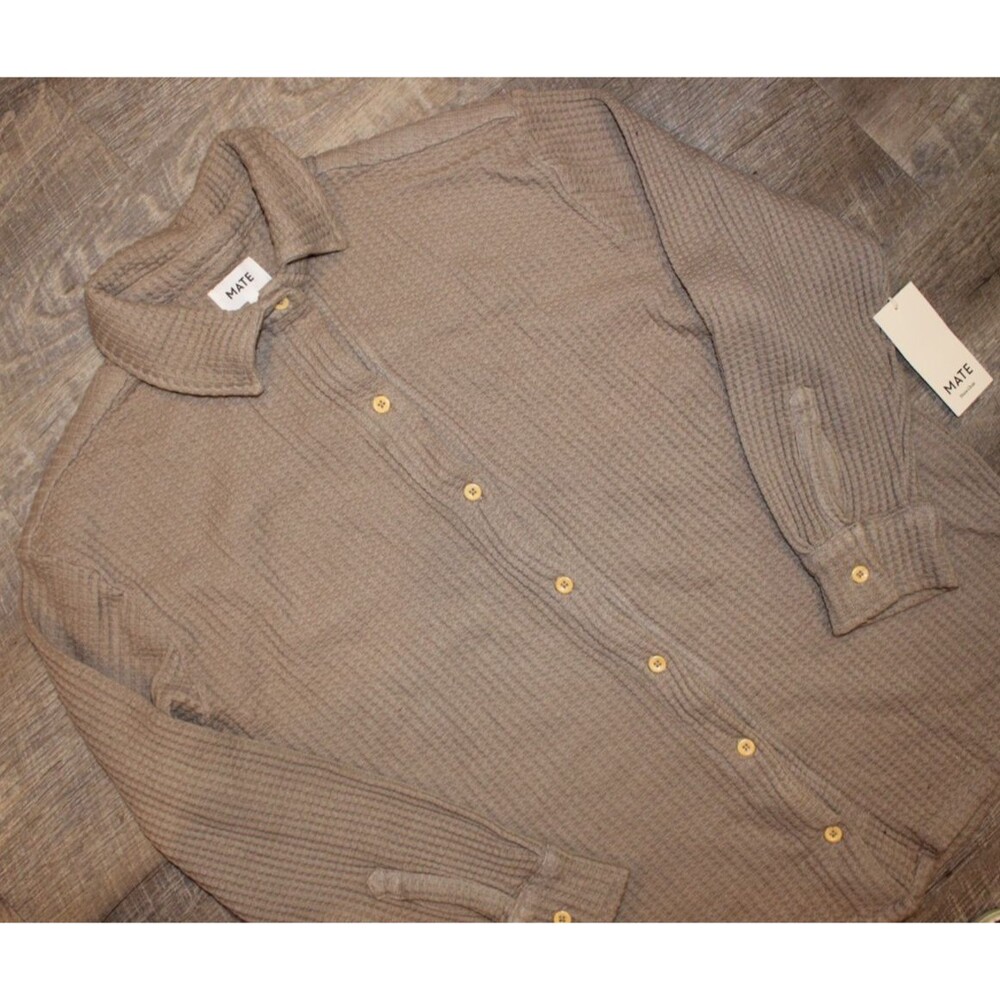 MATE THE LABEL Women’s Organic Waffle Button Up Long Sleeve Shirt BRK Brown - Picture 2 of 8